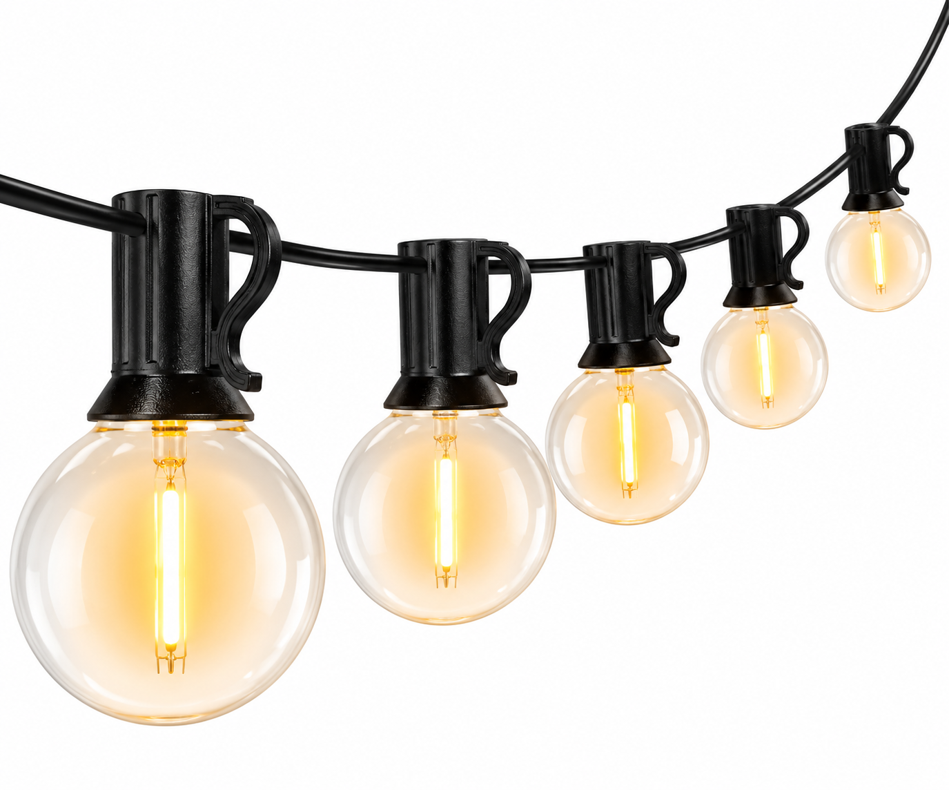 Outdoor patio string lights with warm illuminated bulbs