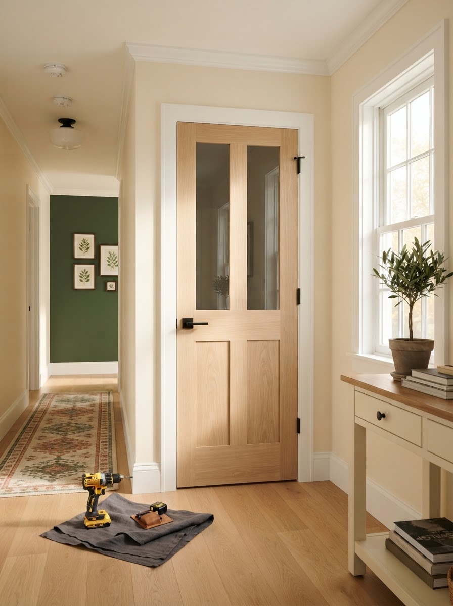 A freshly installed solid wood interior door in a bright home hallway with warm afternoon light, crisp white trim, and a cordless drill resting nearby