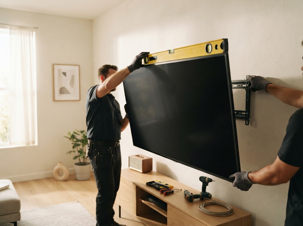 A flat-panel TV mounted level on a living room wall with a mounting bracket