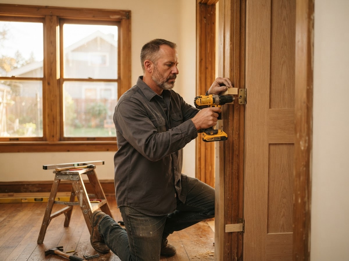A craftsman installing a solid wood interior door with a cordless drill