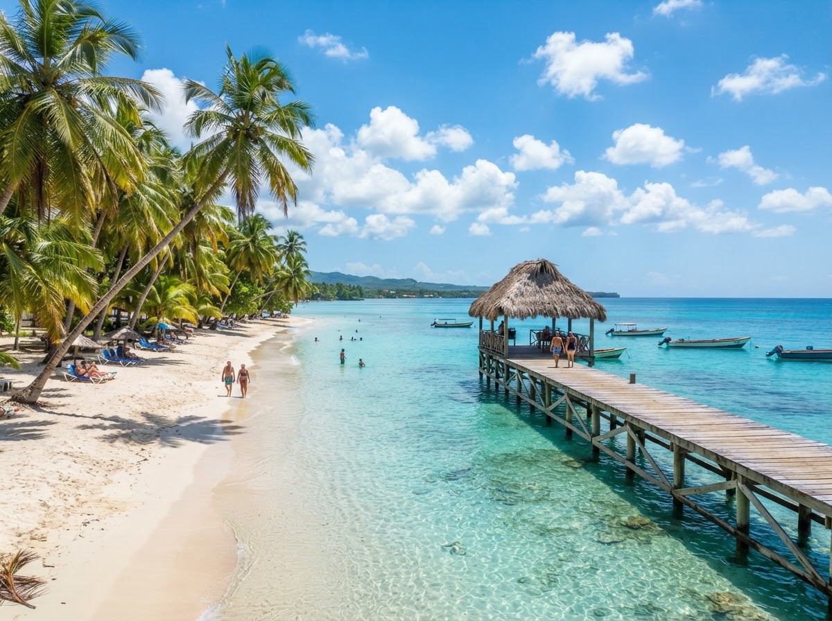 Pigeon Point Tobago iconic thatched jetty and crystal clear turquoise sea