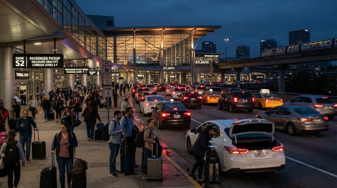 Airport rideshare pickup zone at dusk with waiting cars and arriving travelers in Atlanta