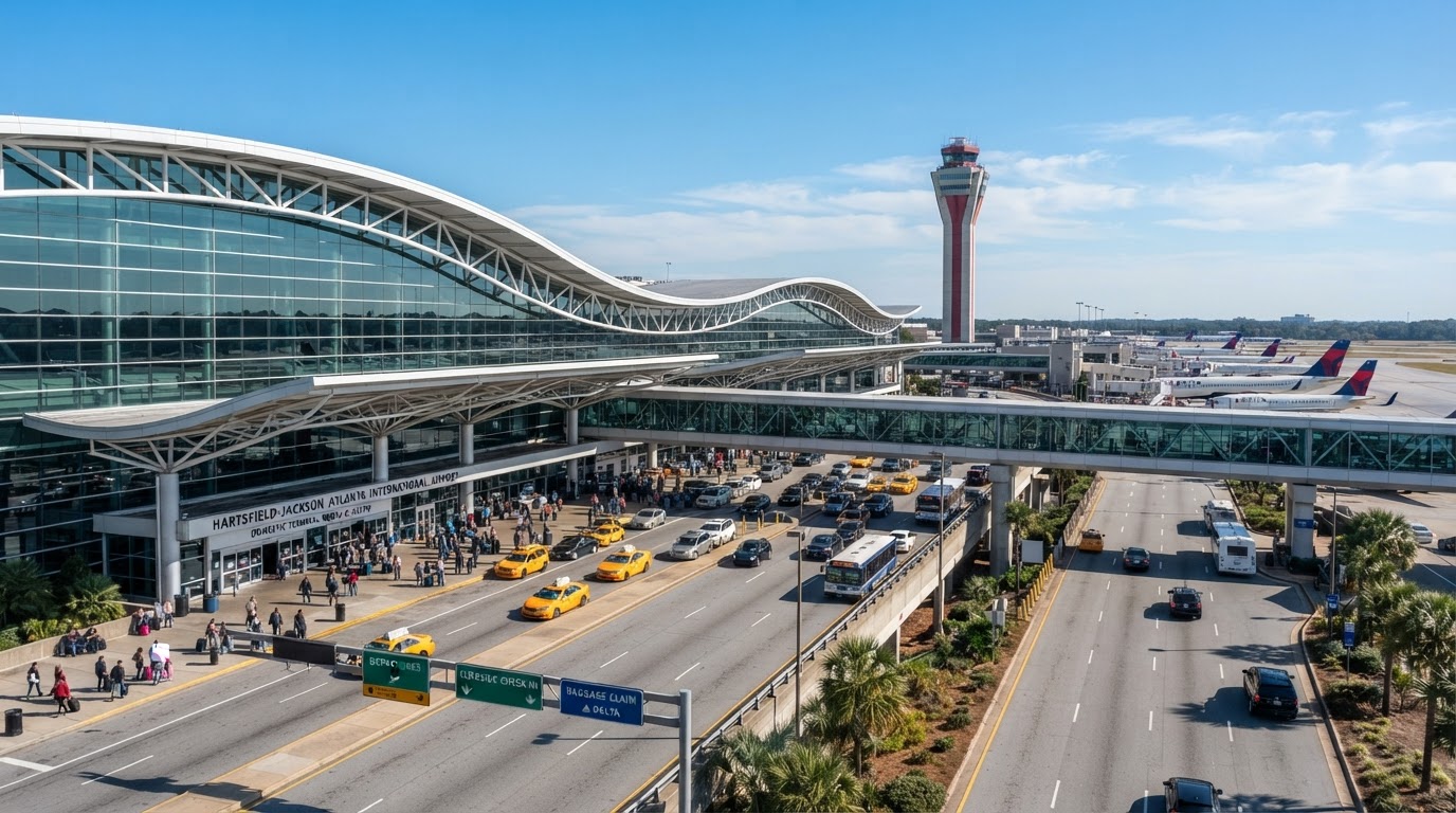 Exterior of Hartsfield-Jackson Atlanta International Airport terminal with a parked airplane and jet bridge