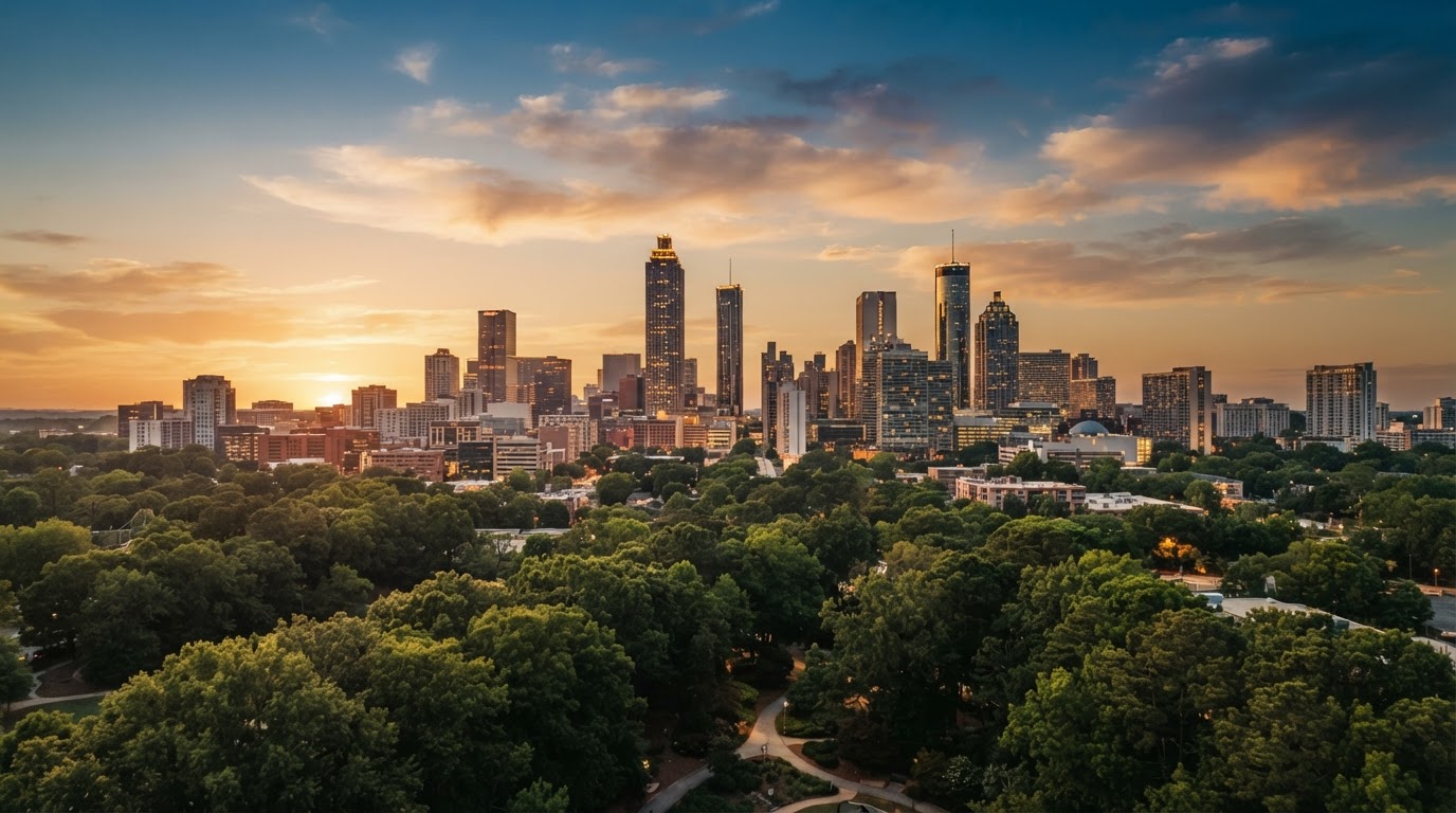 The Atlanta Georgia skyline glowing at golden hour