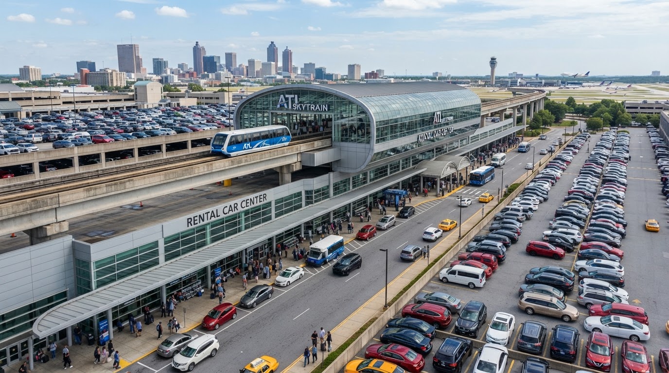 Airport rental car center with neat rows of parked rental cars under a covered return canopy