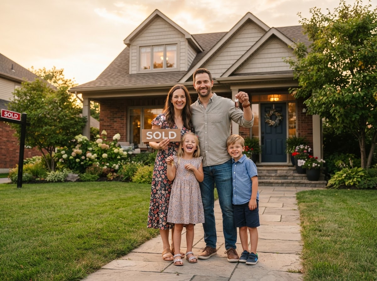 Happy Kansas family in front of their sold home