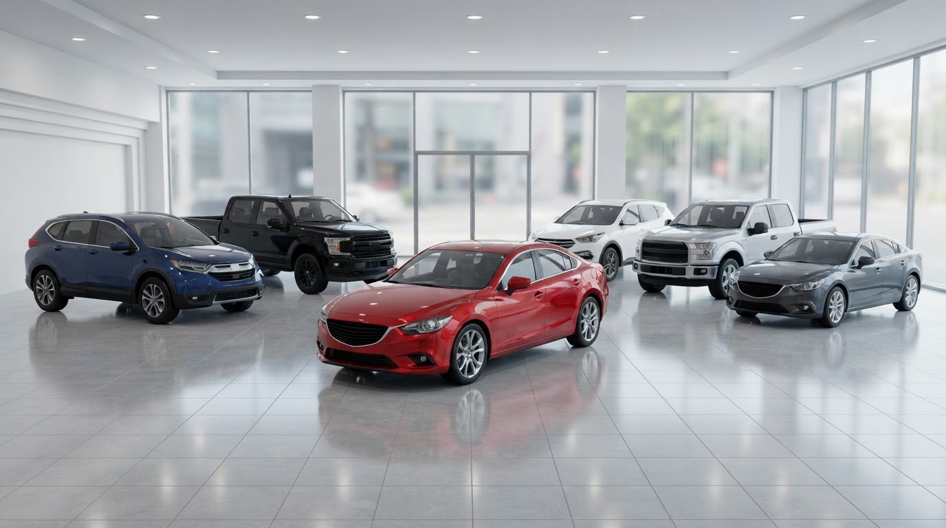 New sedans, trucks and SUVs on display in a dealership showroom - Mabuhay Motors