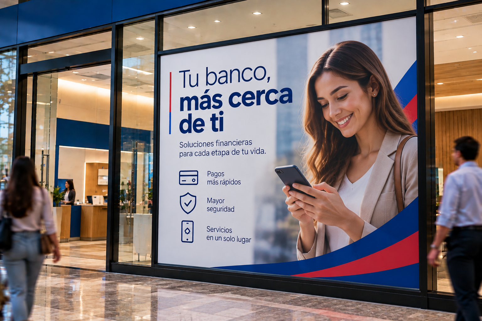 Antes: vitrina de sucursal bancaria con vinil o afiche estático