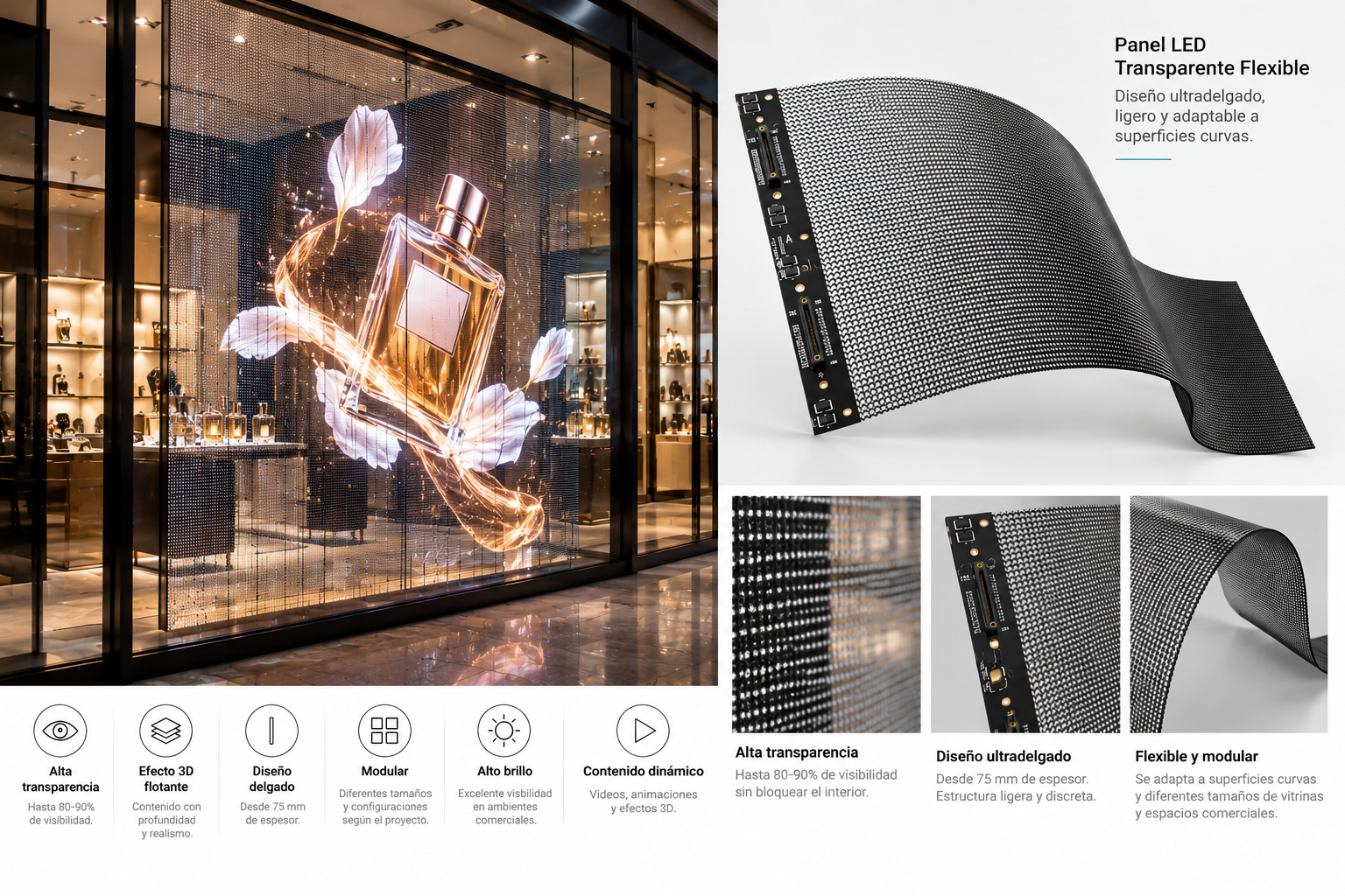 Panel LED Transparente Flexible ViZion - Diseño ultradelgado, ligero y adaptable a superficies curvas
