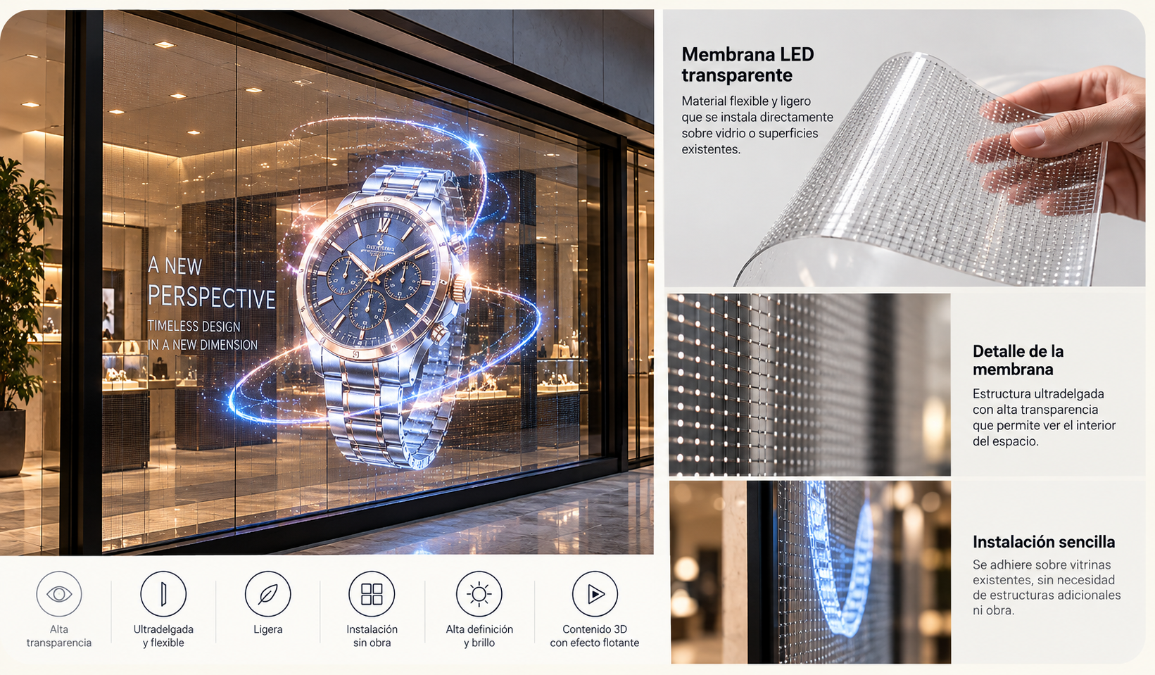 Membrana LED Transparente ViZion - Material flexible y ligero con efecto flotante 3D