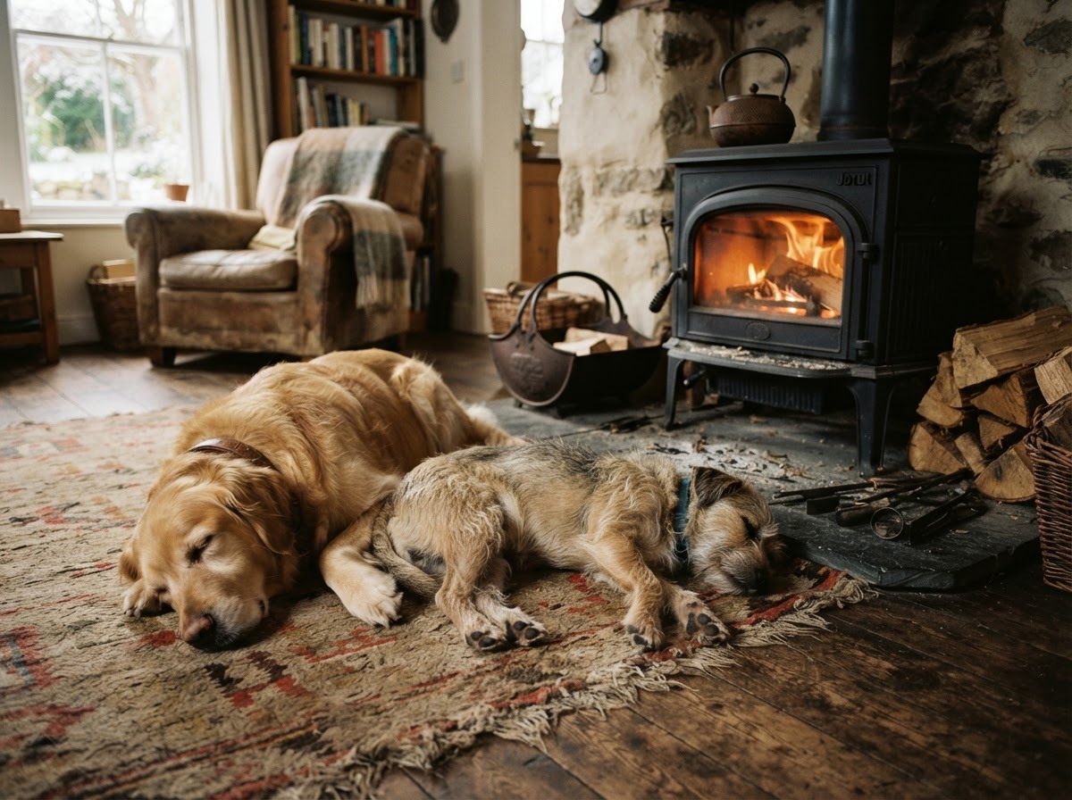 Dogs lounging at home by the stove
