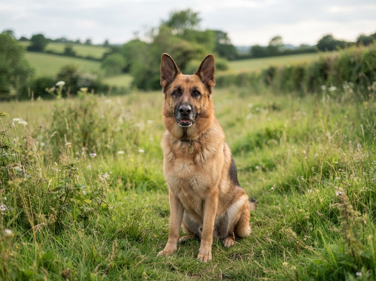A German Shepherd in a green field