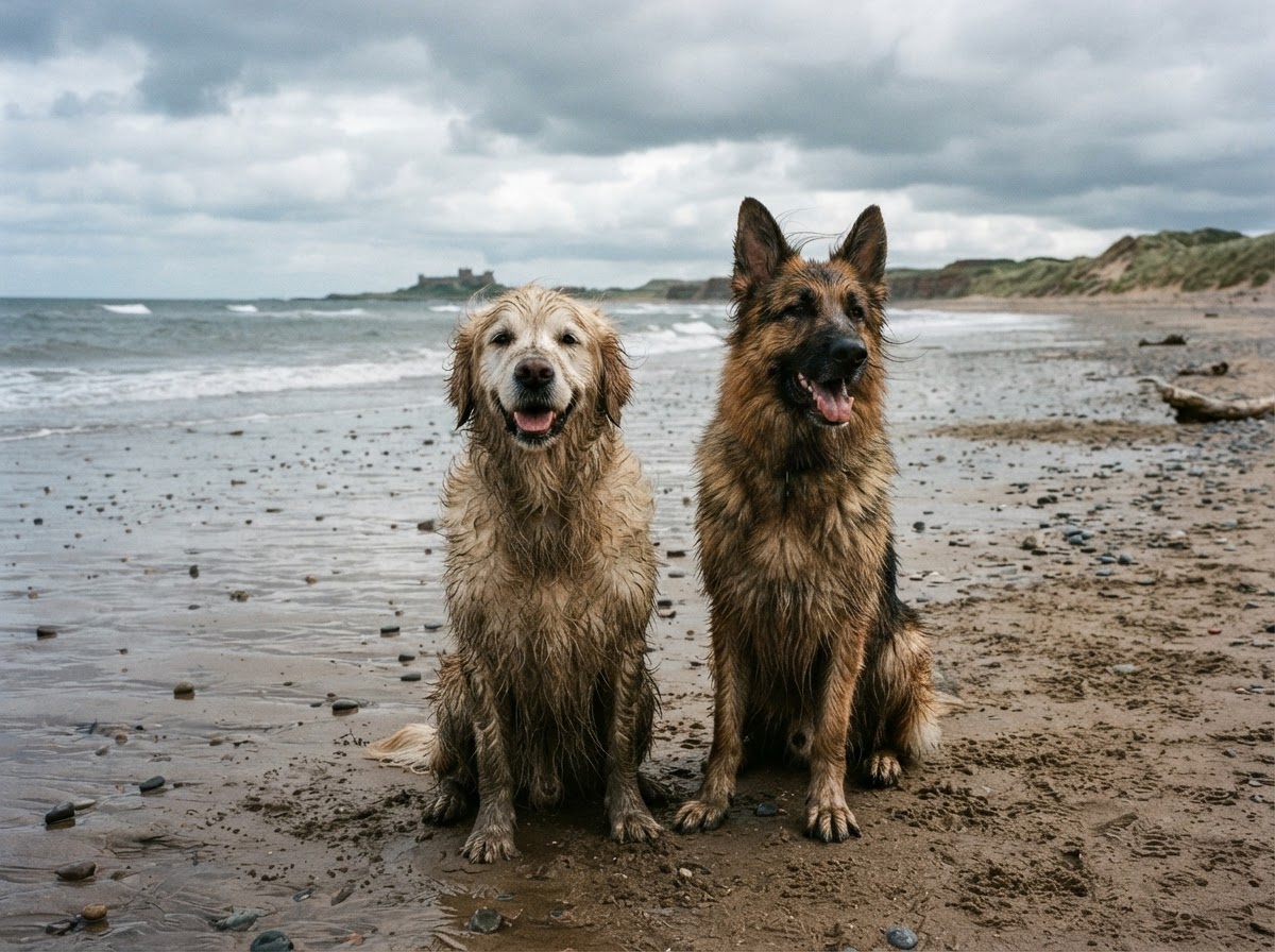 Muddy dogs on a Northumberland beach