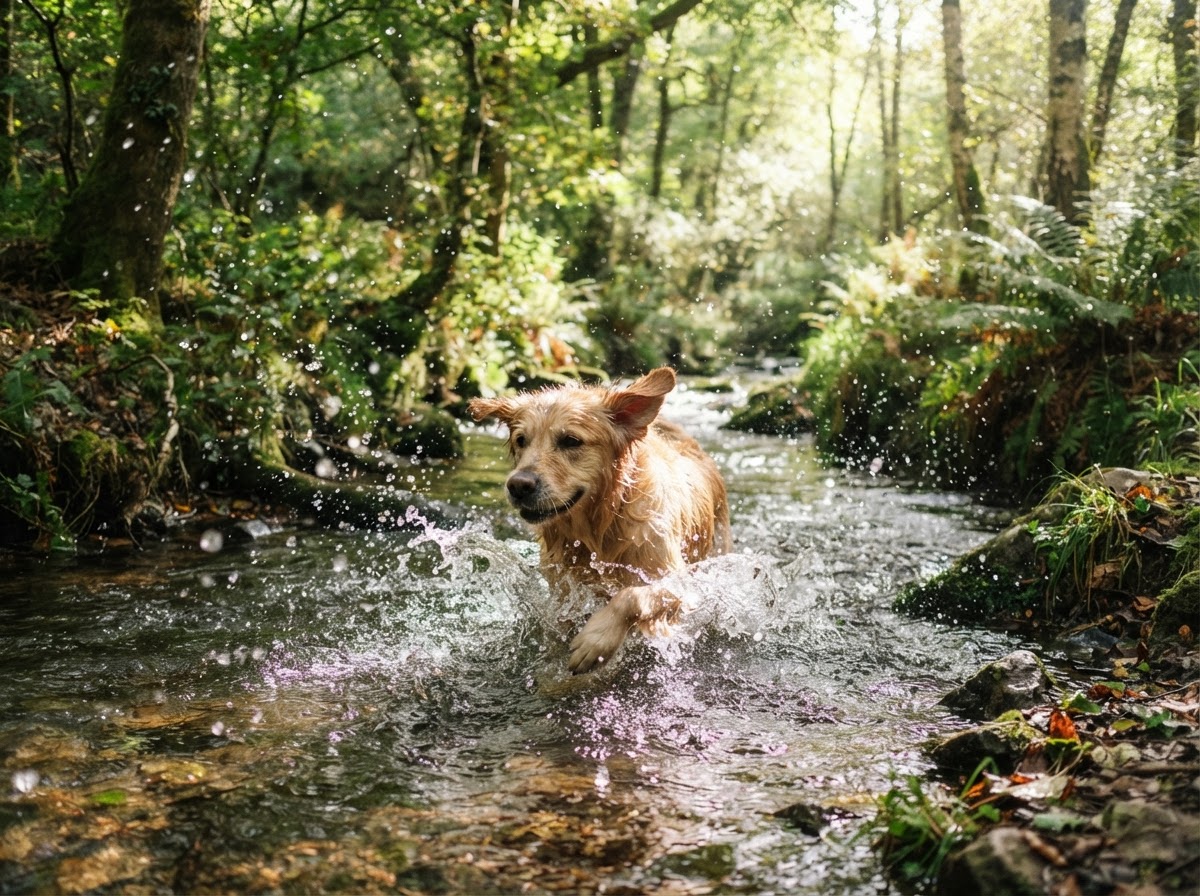 A dog swimming in a woodland stream