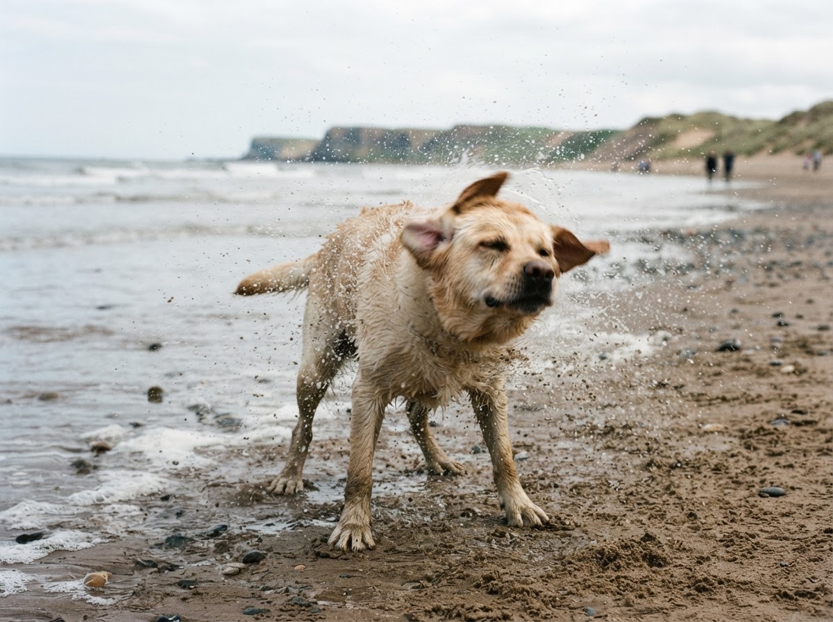 A wet dog shaking off on the beach