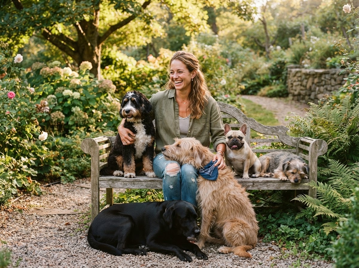 Tara sitting on a garden bench surrounded by several relaxed dogs