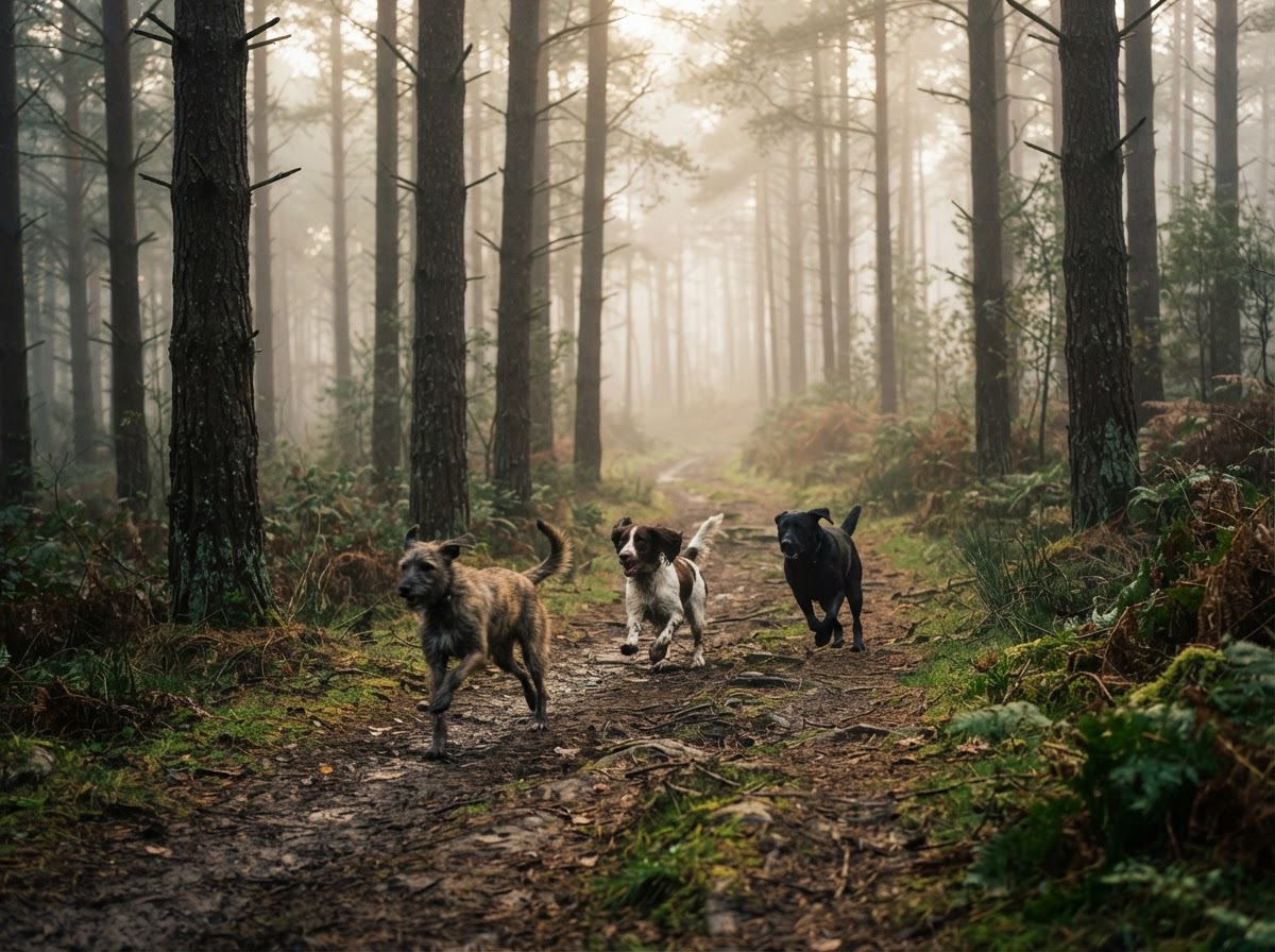 Dogs running through misty woodland