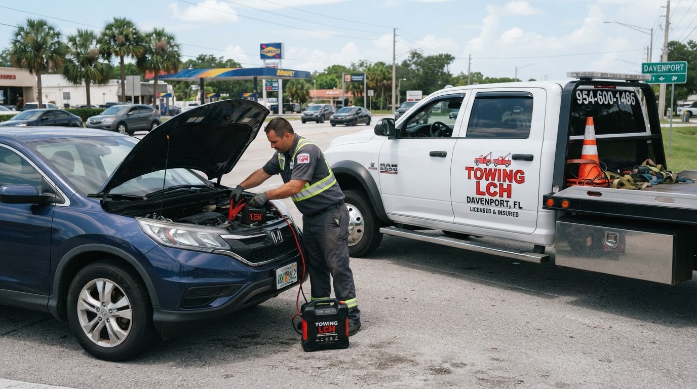 Minor Roadside Repairs with White Flatbed Tow Truck Standby Roadside technician inspecting vehicle engine with Towing LCH white flatbed tow truck with door logo and 9546001486 on rear window in Davenport FL