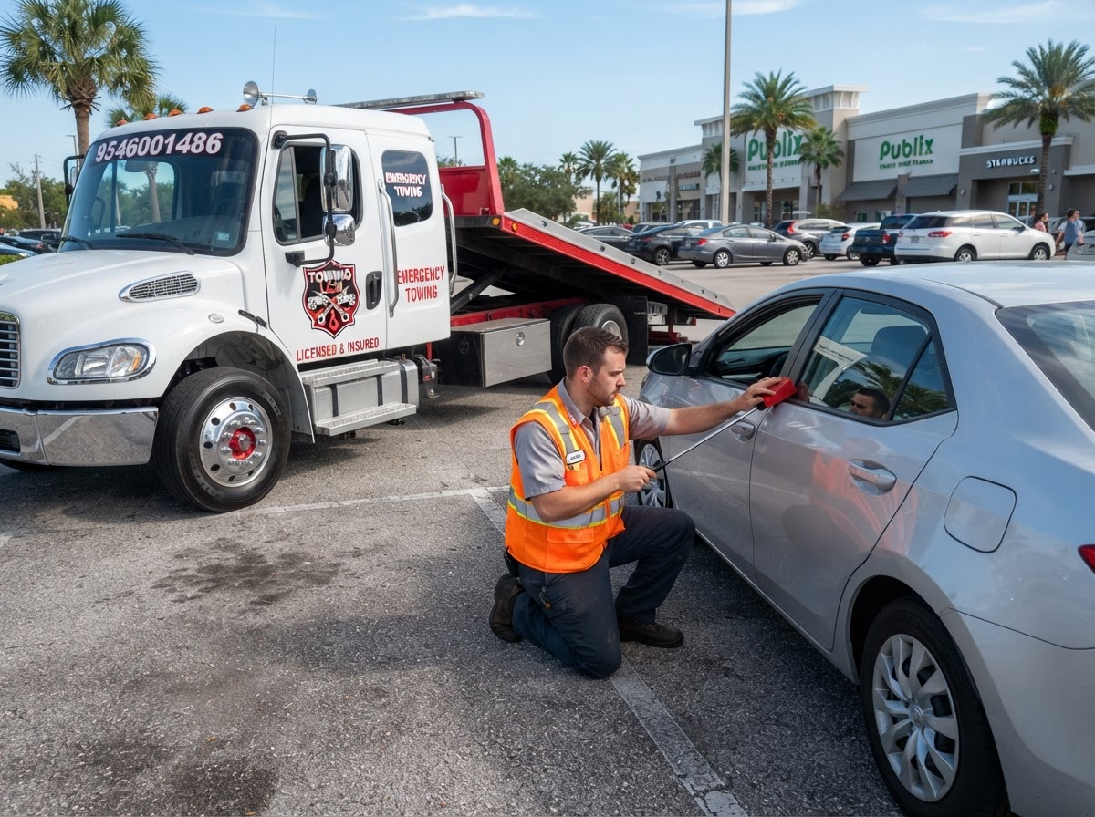 Vehicle Lockout Assistance with White Freightliner Flatbed Tow Truck in Davenport FL White Freightliner M2 flatbed rollback tow truck with chrome bumper, red deck, chrome wheels with red center hubs, exact Towing LCH dual-truck logo on door with transparent background, and 9546001486 on rear window, roadside technician using an air wedge and reach tool to unlock the closed driver-side car door in a hazard-free Florida parking lot