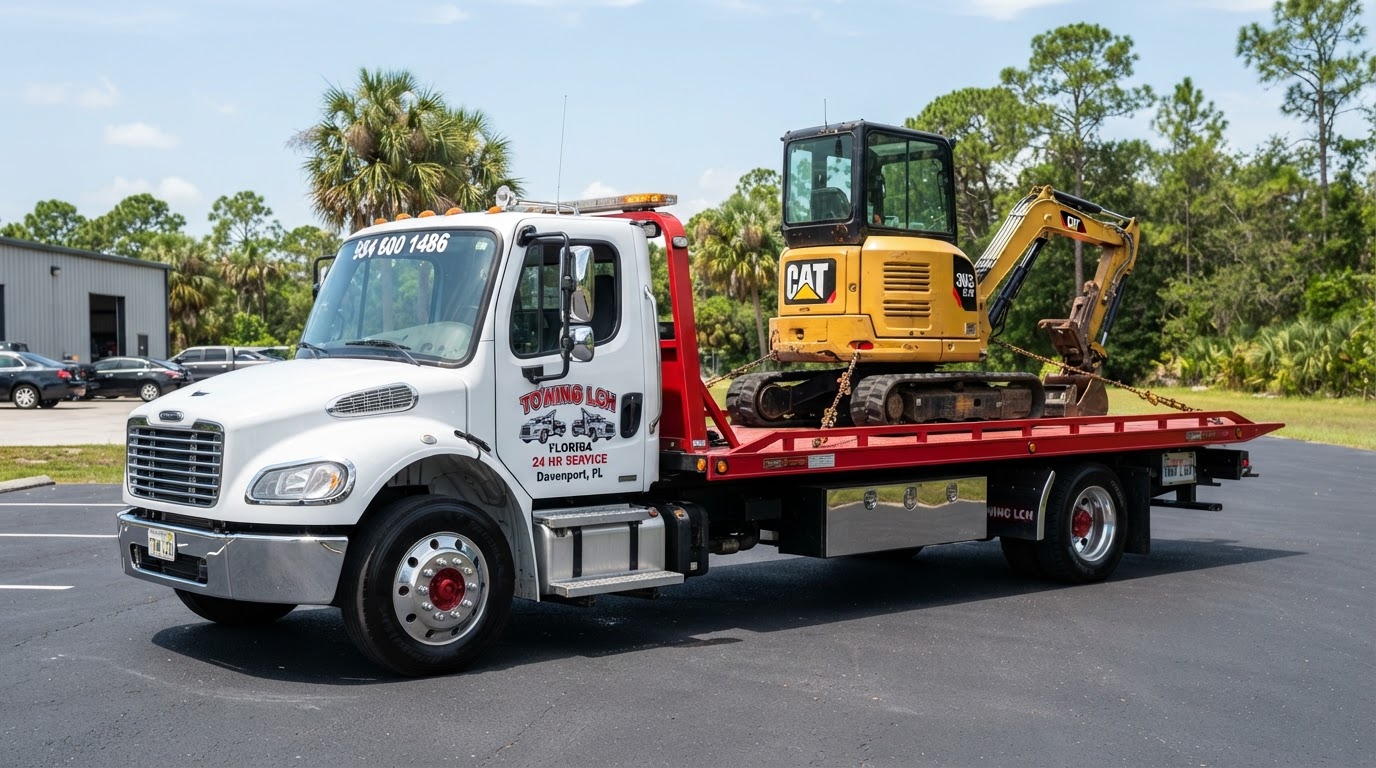 Heavy Machinery White Freightliner Flatbed Equipment Transport Davenport FL White Freightliner rollback flatbed tow truck with chrome bumper, red deck, chrome wheels with red center hubs, exact Towing LCH logo on door and 9546001486 on rear window safely hauling heavy machinery equipment in Davenport Florida