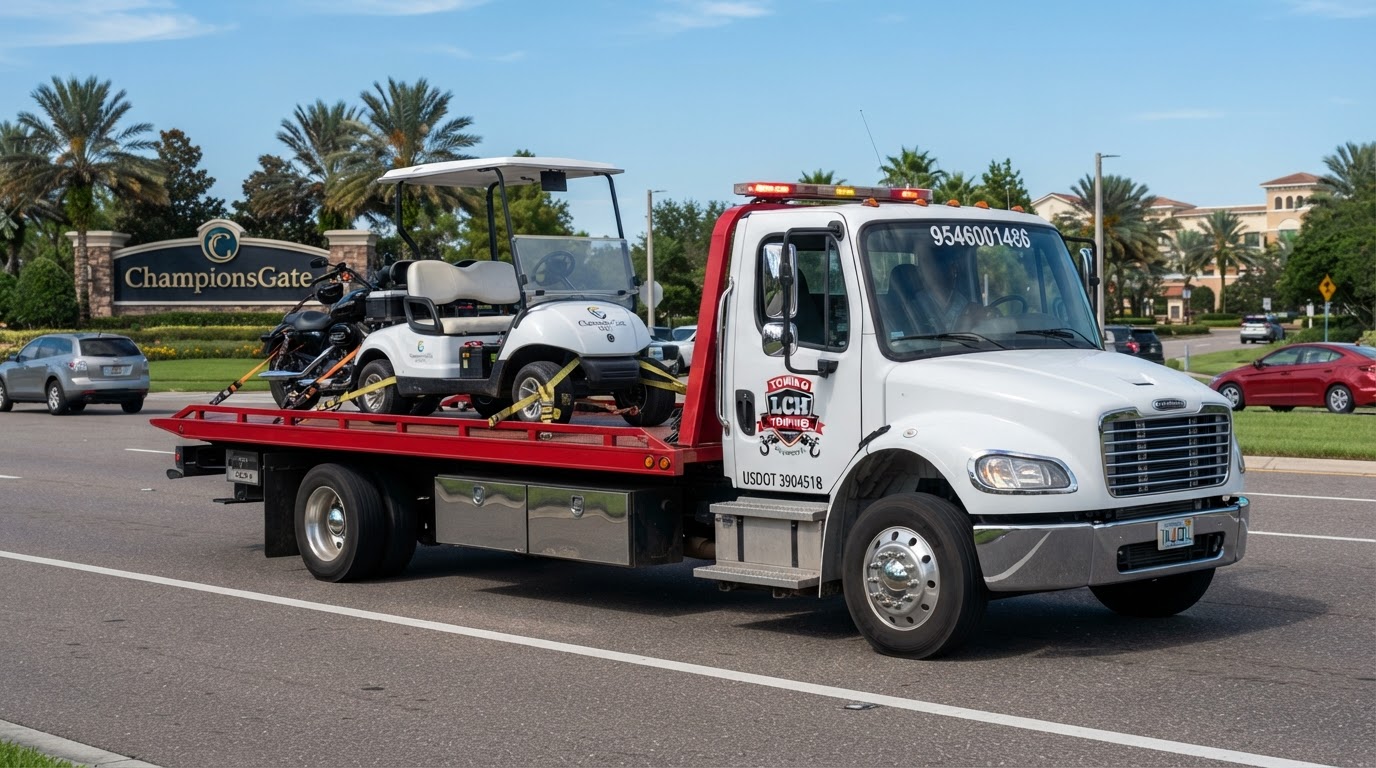 Golf Cart and Motorcycle White Freightliner Flatbed Transport White Freightliner flatbed tow truck with red bed, Towing LCH logo on door and 9546001486 on rear window securely transporting golf cart and motorcycle in ChampionsGate Florida