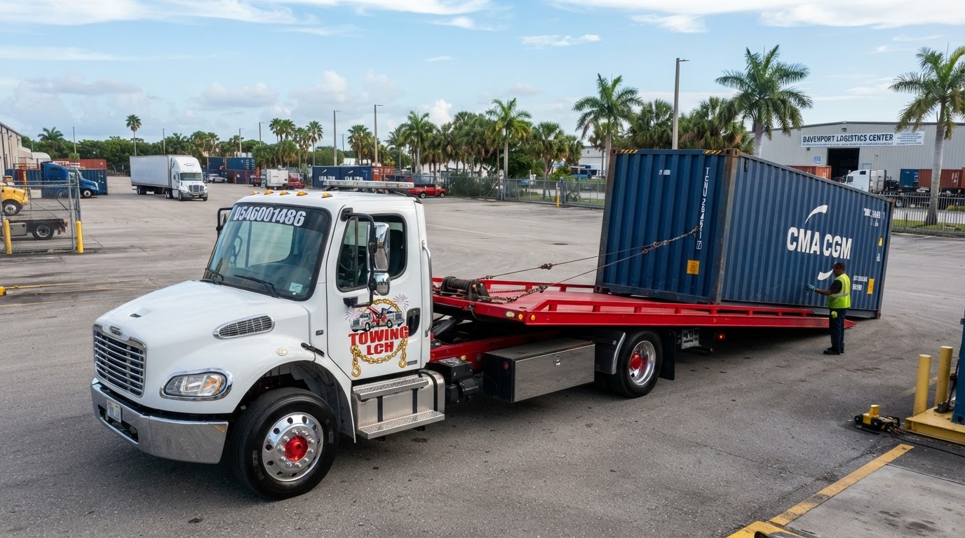 20ft Shipping Container White Freightliner Flatbed Transport in Davenport FL White Freightliner rollback flatbed tow truck with chrome bumper, red deck, chrome wheels with red center hubs, exact Towing LCH logo with dual trucks, chain, hooks and fireworks emblem on door, and 9546001486 on rear window safely loading a 20-foot shipping container in Davenport Florida