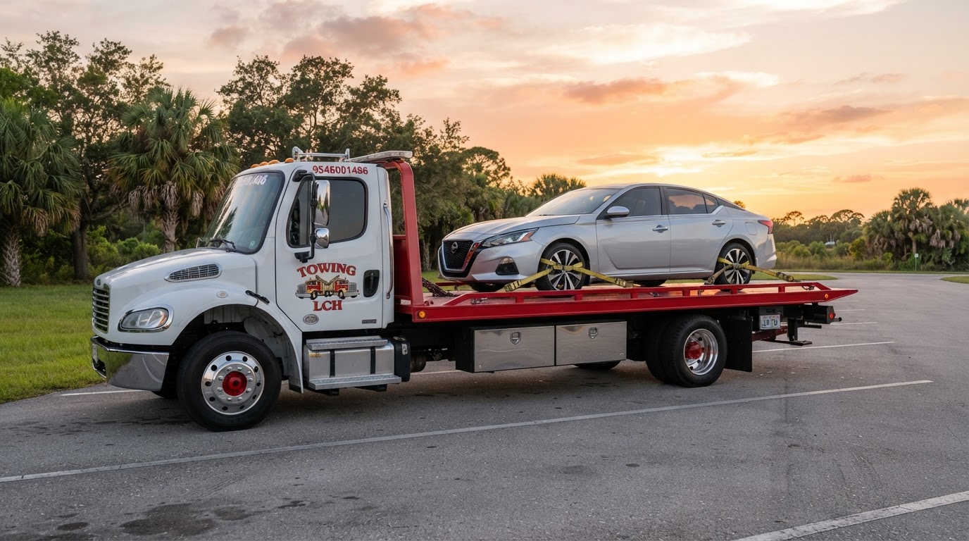 Mechanical Breakdown White Freightliner Flatbed Towing Service in Davenport FL Towing LCH white Freightliner rollback flatbed tow truck with red bed, provided Towing LCH logo on door and 9546001486 on rear window safely transporting disabled car in a safe staging location during Florida sunset in Davenport