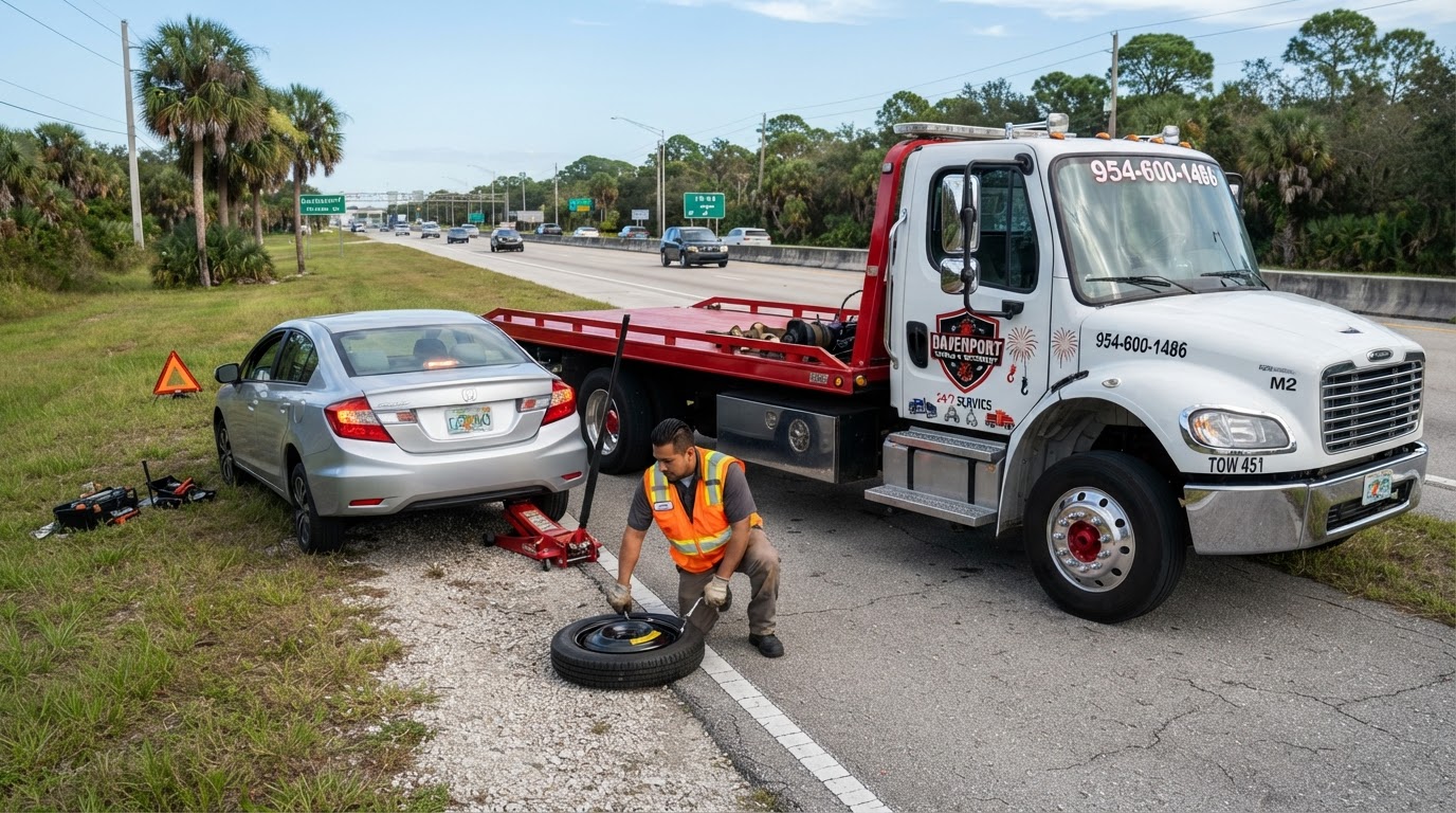 Roadside Tire Change Service with White Freightliner Flatbed Tow Truck in Davenport FL White Freightliner rollback flatbed tow truck with chrome bumper, red deck, chrome wheels with red center hubs, exact Towing LCH logo on door and 9546001486 on rear window, roadside technician changing flat tire for a compact spare tire in a safe hazard-free area in Davenport Florida