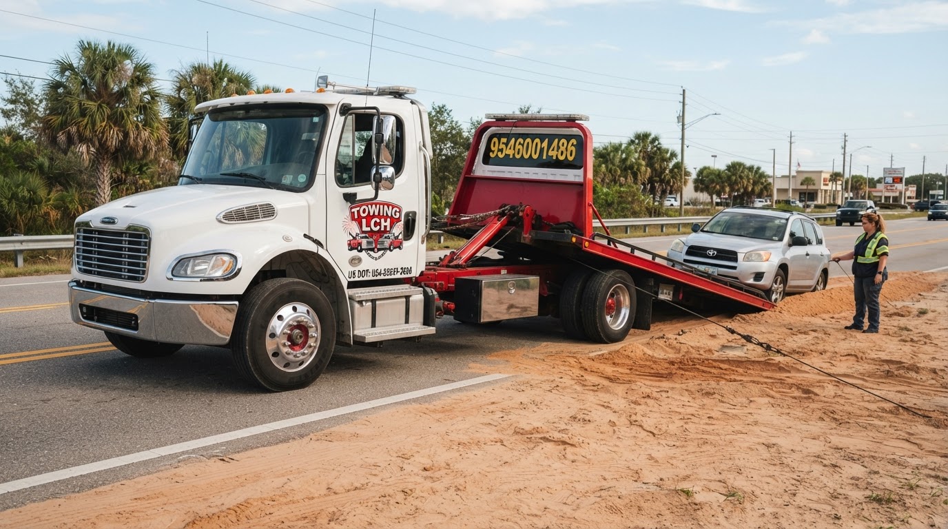 Winch-Out and Off-Road White Freightliner Flatbed Recovery Service Davenport FL White Freightliner M2 rollback flatbed tow truck with chrome bumper, red deck, chrome wheels with red center hubs, rear wheels positioned far back, exact provided Towing LCH logo on door and 9546001486 on rear window, safely winching a vehicle out of Florida sugar sand in Davenport Florida