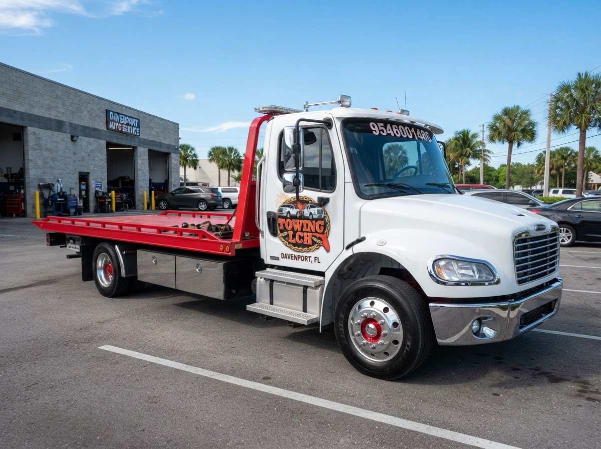 Towing LCH White Freightliner Flatbed Tow Truck Operator Davenport FL Towing LCH white Freightliner flatbed tow truck with chrome bumper, red deck, chrome wheels with red center hubs, exact provided Towing LCH logo on door and 9546001486 on rear glass in Davenport FL