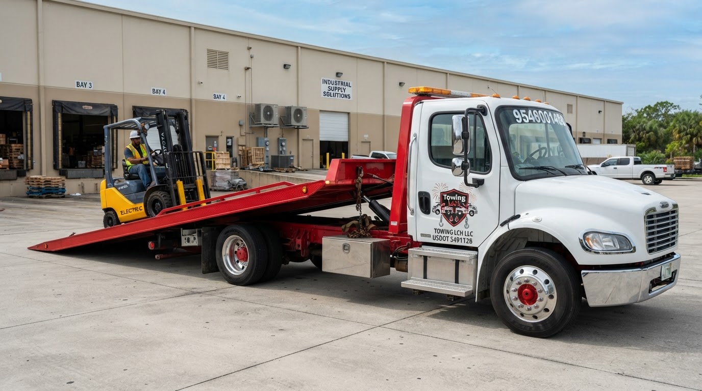 Industrial Forklift White Freightliner Flatbed Transport Service Davenport FL White Freightliner rollback flatbed tow truck with chrome bumper, red deck, chrome wheels with red center hubs, exact Towing LCH logo on door and 9546001486 on rear window safely transporting warehouse forklift in a safe commercial loading area far from hazards in Davenport Florida