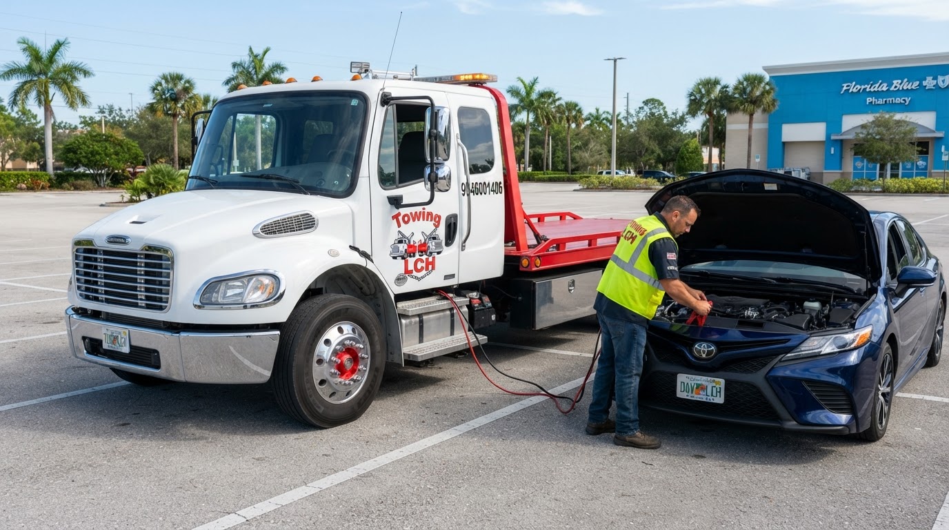 Emergency Battery Jumpstart & Testing with White Freightliner Flatbed Tow Truck in Davenport FL White Freightliner rollback flatbed tow truck with chrome bumper, red deck, chrome wheels with red center hubs, exact Towing LCH logo on door and 9546001486 on rear window safely performing battery jumpstart in a safe parking lot far from hazards in Davenport Florida