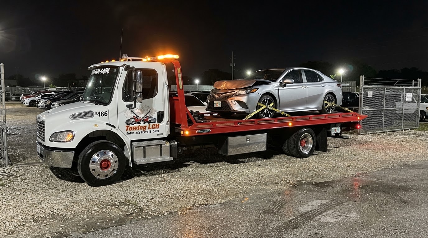 Accident Recovery & Scene Clearance White Freightliner Flatbed Tow Truck at Night Towing LCH white Freightliner M2 rollback flatbed tow truck with chrome bumper, red deck, red-hub rims, exact provided Towing LCH logo on door and 9546001486 on rear window safely towing a crashed collision-damaged car in a secure staging lot away from road hazards at night in Central Florida