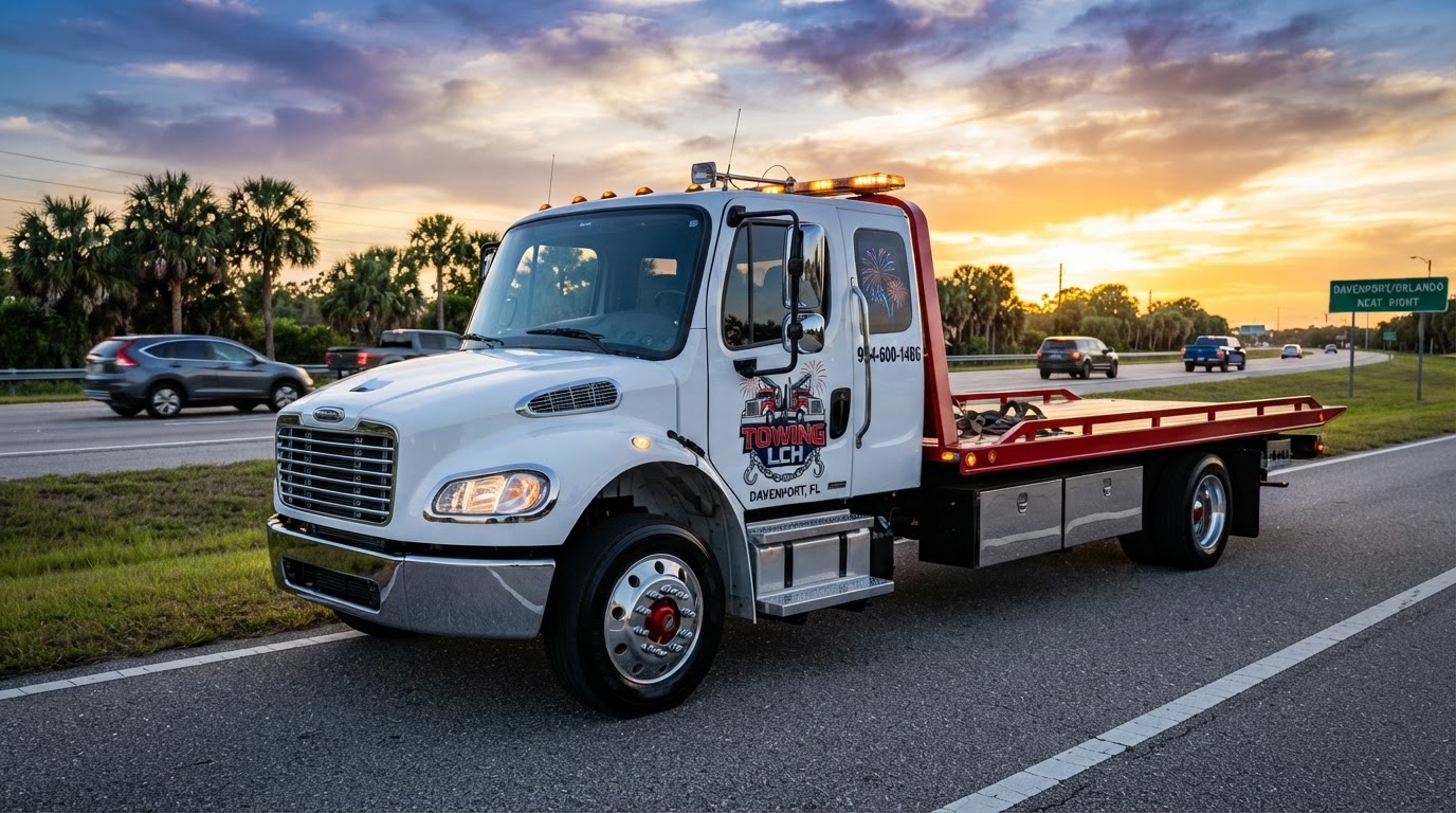 Towing LCH White Freightliner Flatbed Tow Truck — 24/7 Emergency Towing in Davenport, FL Towing LCH white Freightliner M2 rollback flatbed tow truck with chrome bumper, red deck, red center-hub chrome rims, official brand logo on door and 9546001486 on rear window during Florida sunset in Davenport