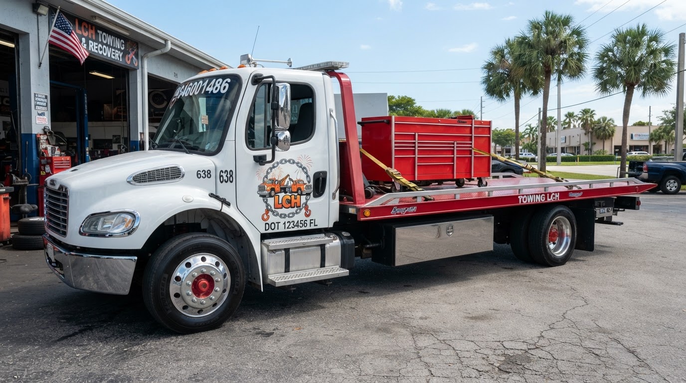 Toolbox & Tool Chest Relocation White Freightliner Flatbed Transport Davenport FL White Freightliner M2 rollback flatbed tow truck with anatomically correct proportions, rear wheels set far back, chrome wheels with red center hubs, red deck tilted for loading, exact Towing LCH logo on door and 9546001486 on rear window, winching a red Snap-on style tool chest in Davenport Florida