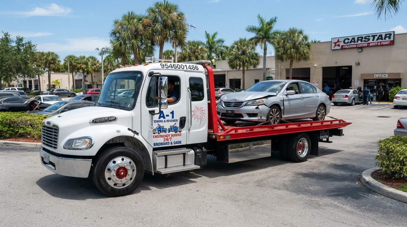 Post-Accident White Freightliner Flatbed Transport Arriving at Body Shop in Daytime Towing LCH white Freightliner M2 flatbed rollback tow truck with red deck, red-hub chrome rims, provided Towing LCH logo on door and 9546001486 on rear window safely delivering collision-damaged vehicle to a body shop in broad daylight away from traffic hazards in Central Florida with no black background