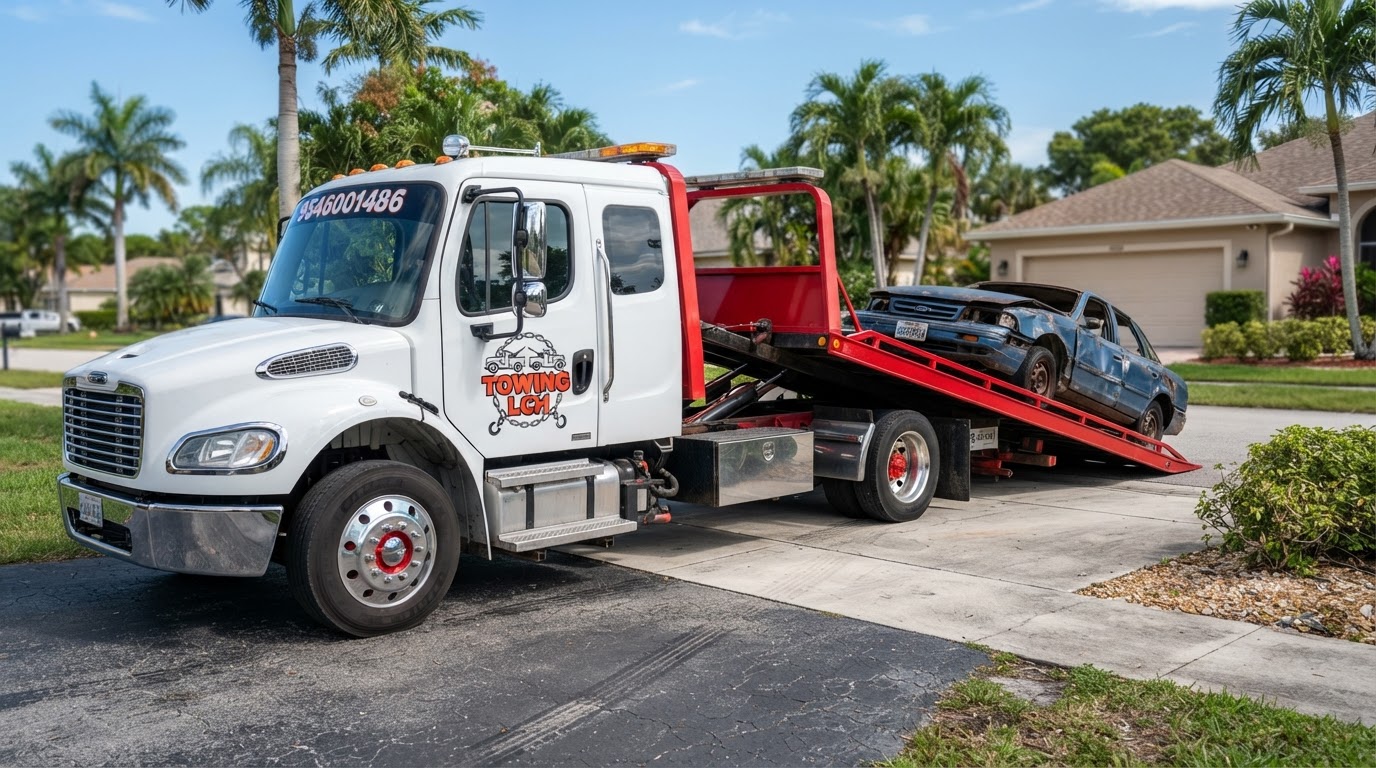 Junk Car Buying & Removal White Freightliner Flatbed Tow Truck Davenport FL White Freightliner flatbed rollback tow truck with red deck, red-hub rims, transparent background Towing LCH logo on door and 9546001486 on rear window safely loading junk car for cash removal in Davenport Florida