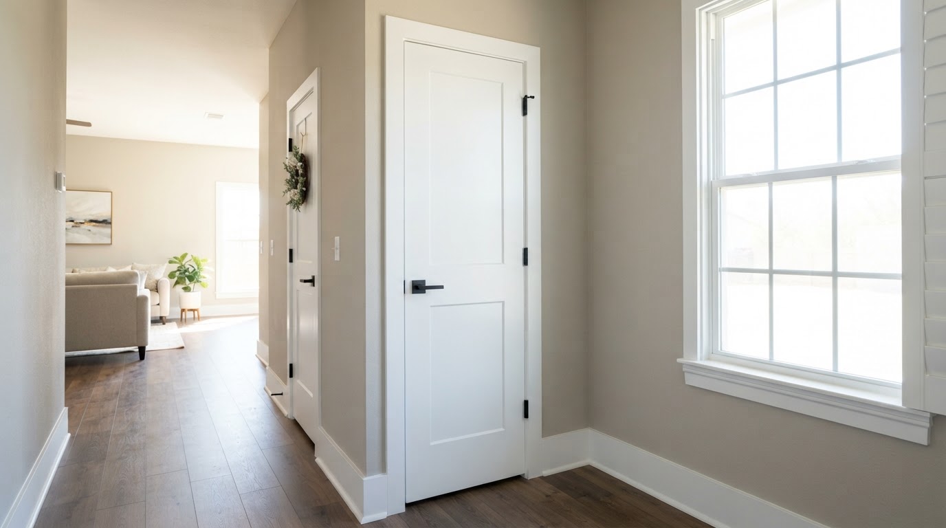 Freshly painted white trim, doors and baseboards in a San Antonio home