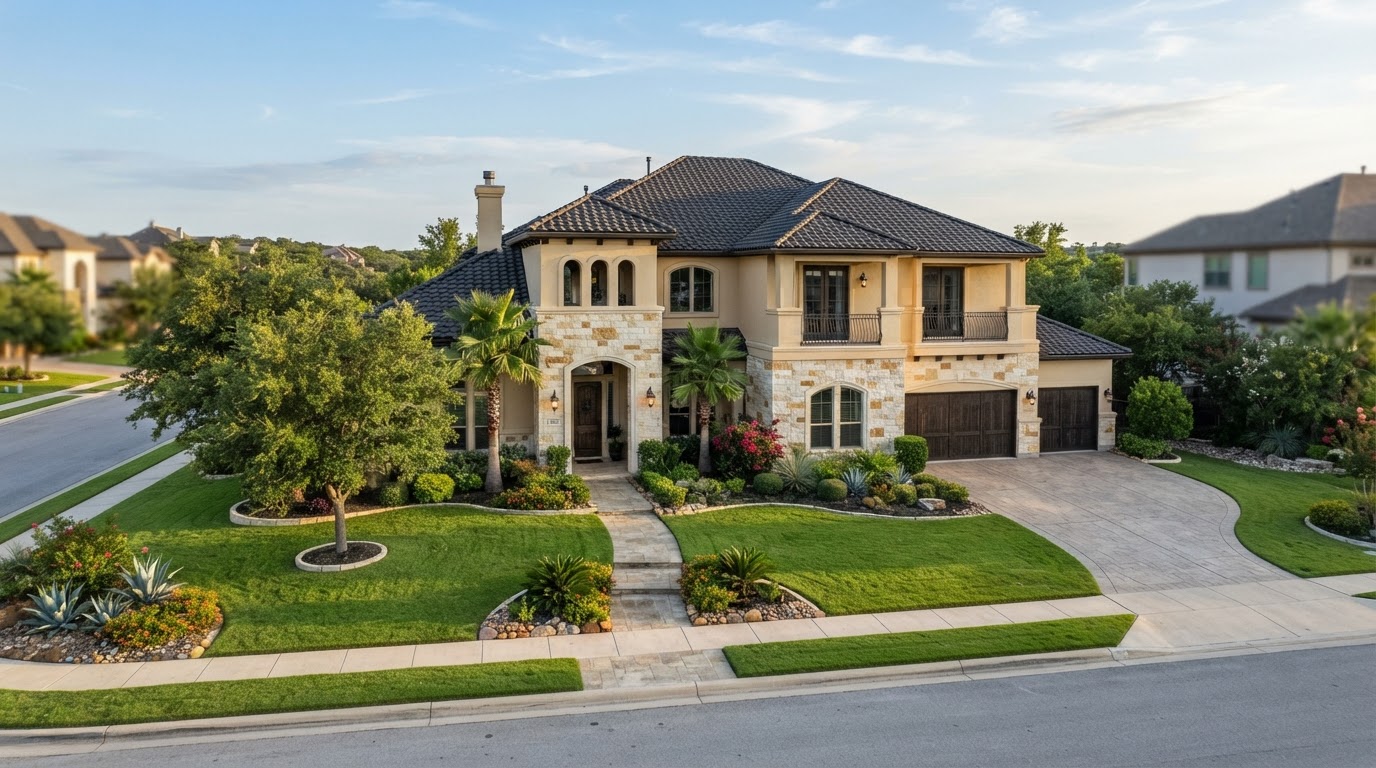 Freshly painted upscale Shavano Park San Antonio home with stucco and stone exterior