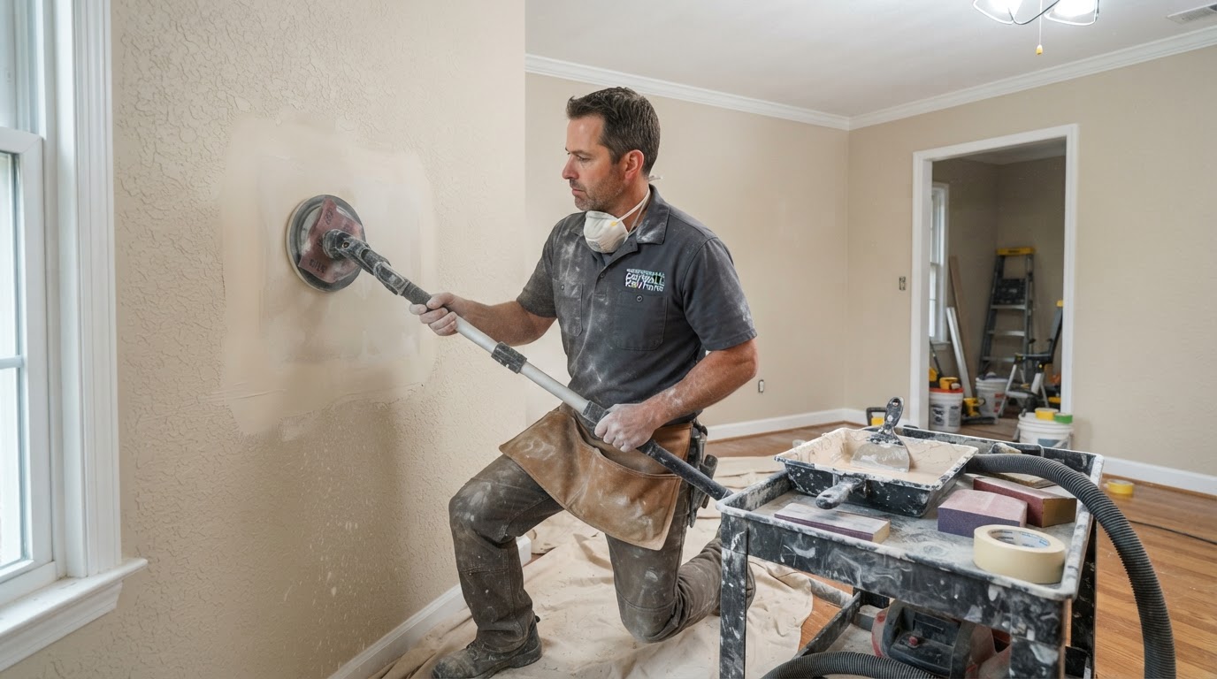 Professional drywall repair and texture matching preparation before painting in a San Antonio home