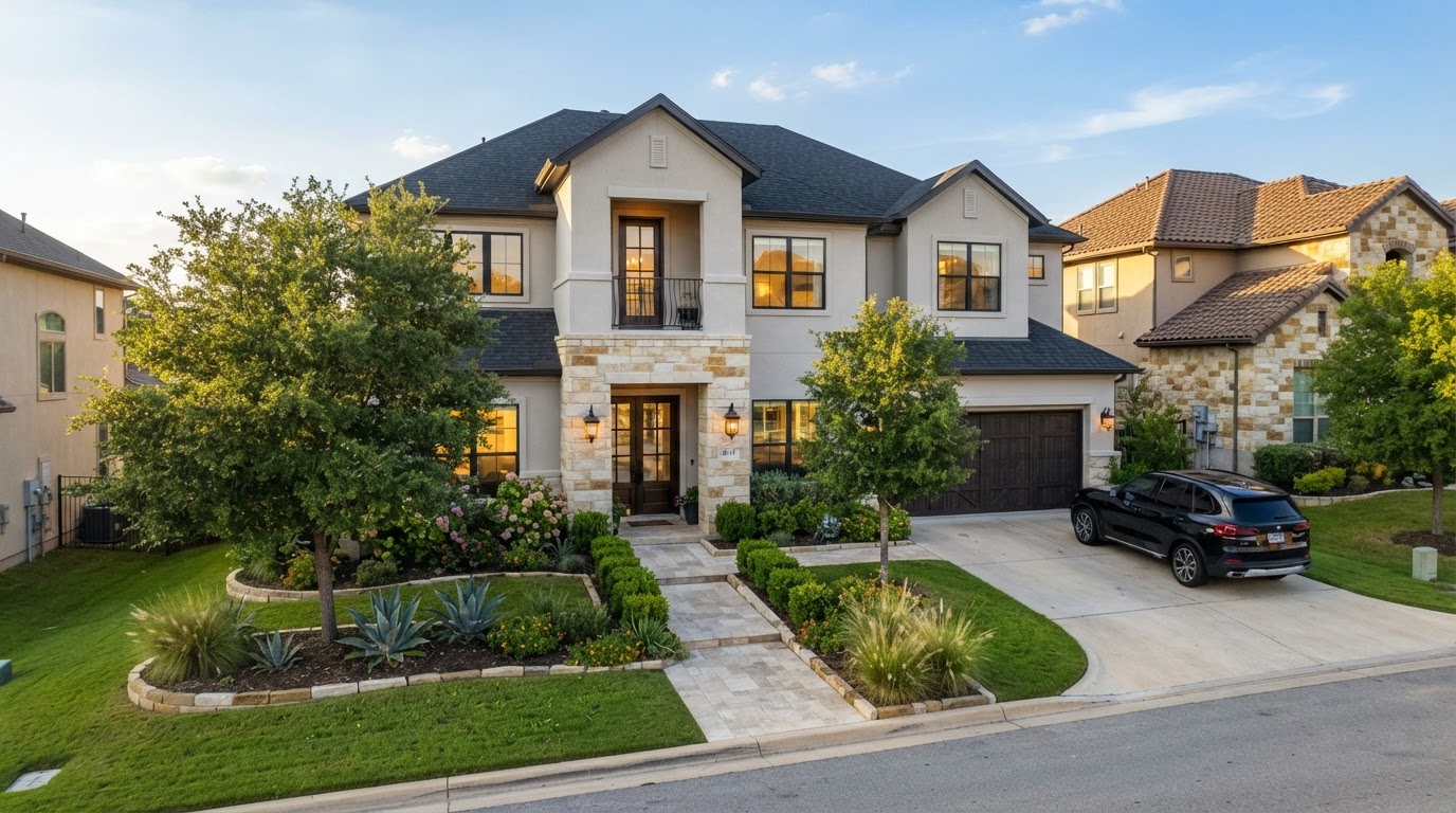 Freshly painted upscale Stone Oak San Antonio stucco and stone home with manicured landscaping