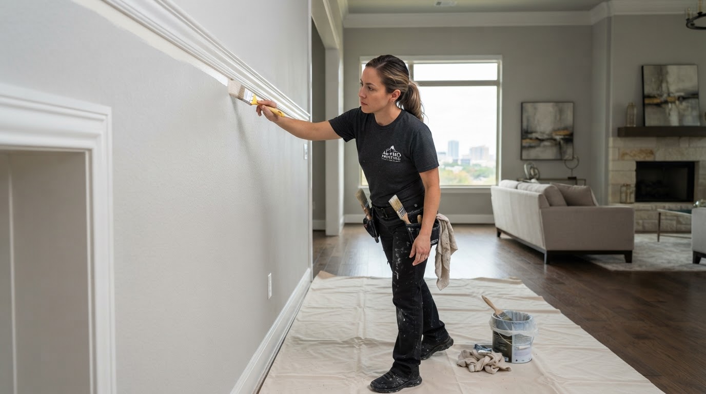 Professional interior house painter applying cut-in wall enamel in San Antonio TX