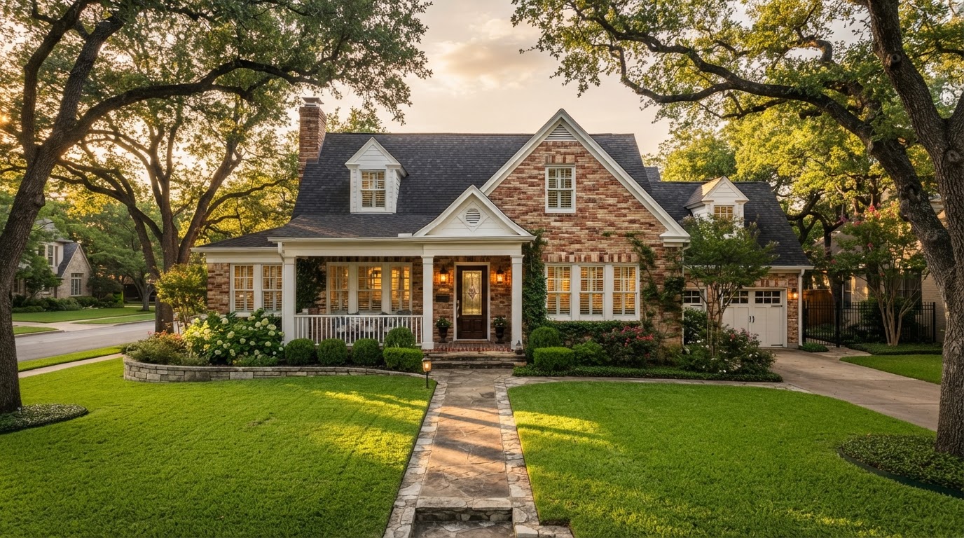 Established Alamo Heights San Antonio brick home with crisp painted trim and mature oak trees