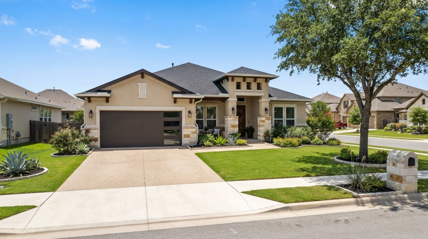 Newer Alamo Ranch San Antonio suburban stucco home with fresh exterior paint and modern garage