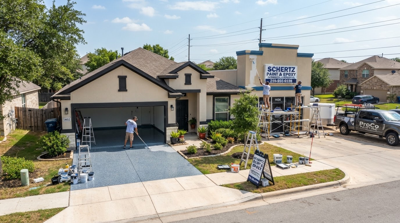 Suburban Schertz home with freshly painted stucco exterior and retail storefront being painted