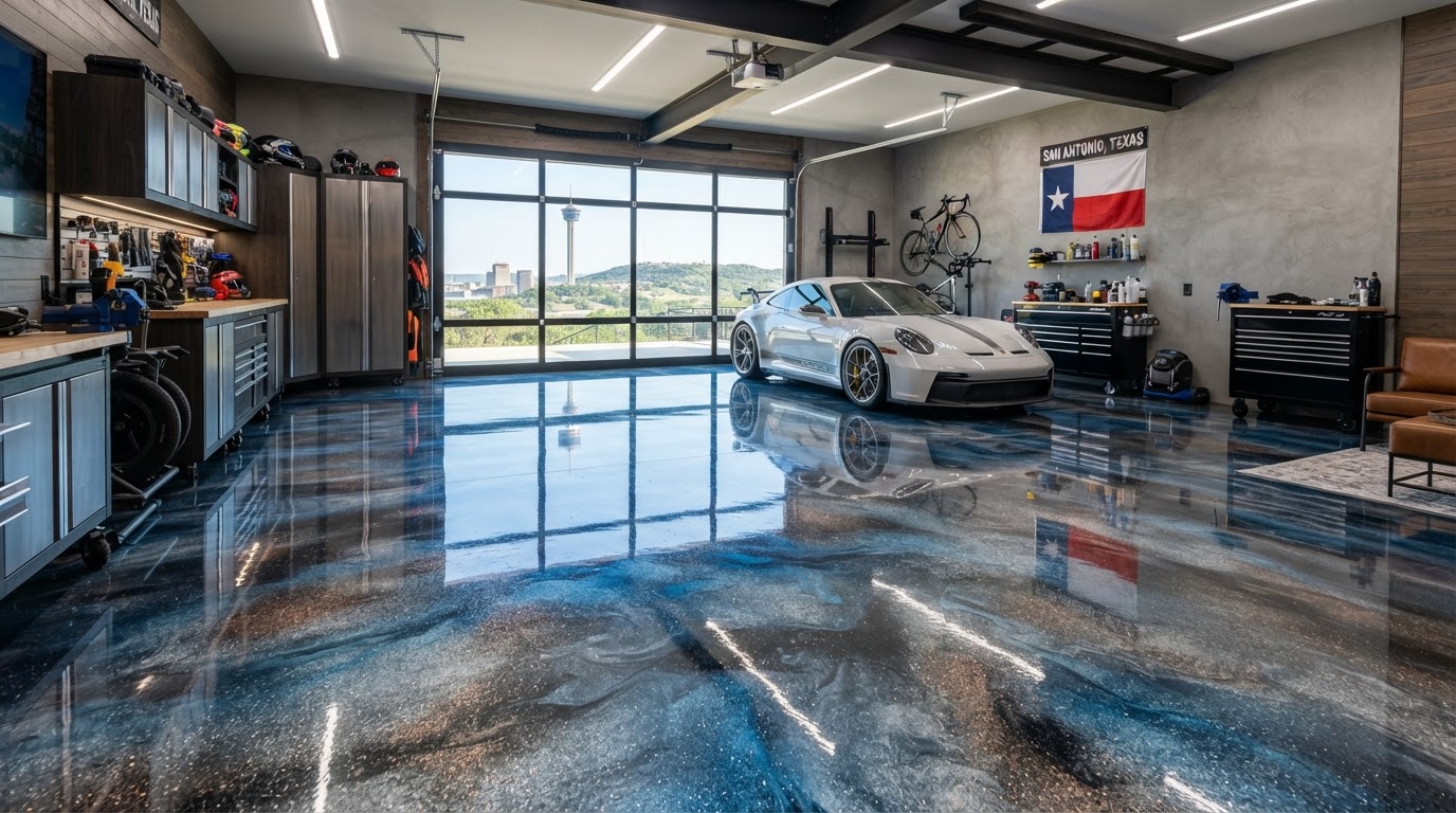 High-gloss decorative metallic flake epoxy garage floor coating in San Antonio TX