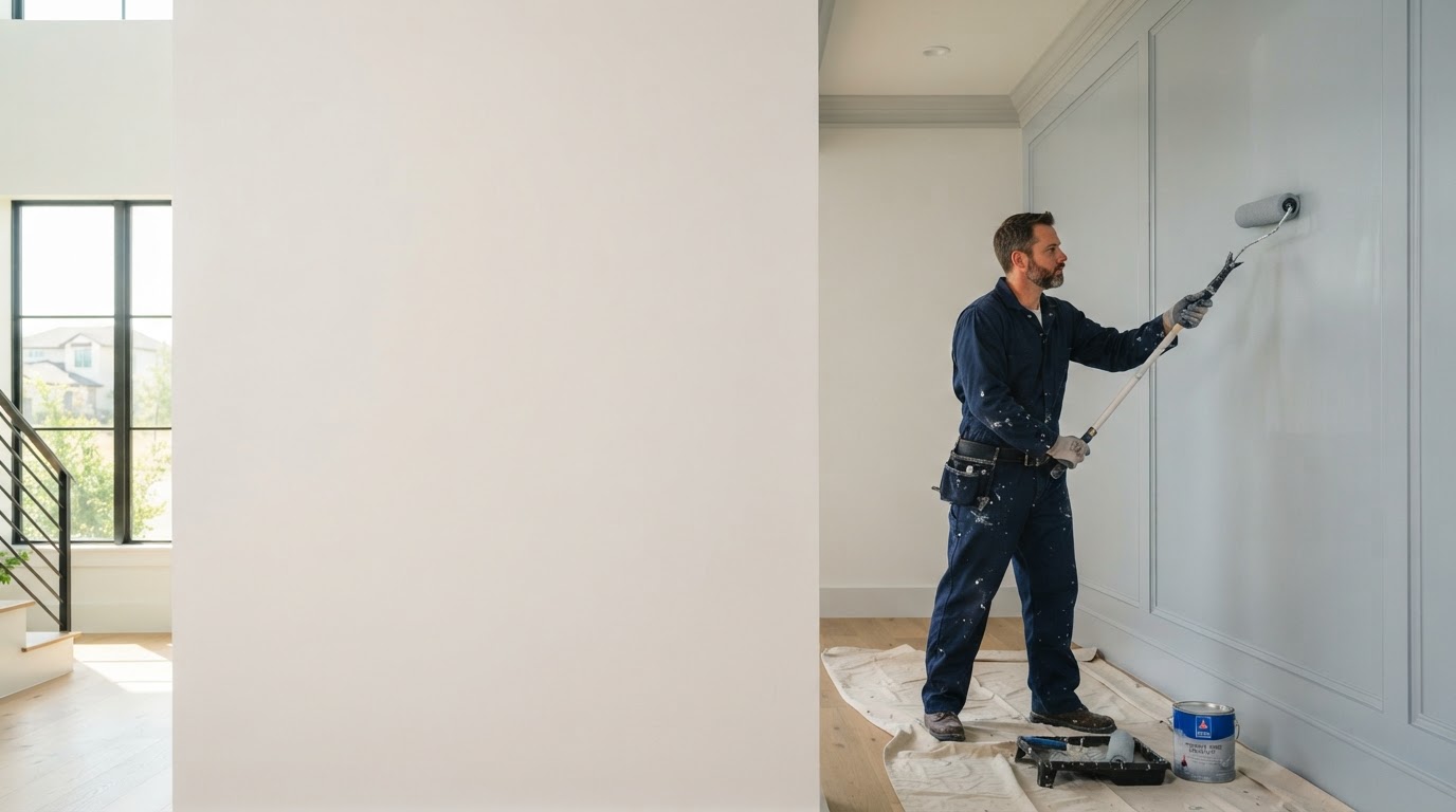 Professional interior painter applying a clean finish to an upscale San Antonio home wall