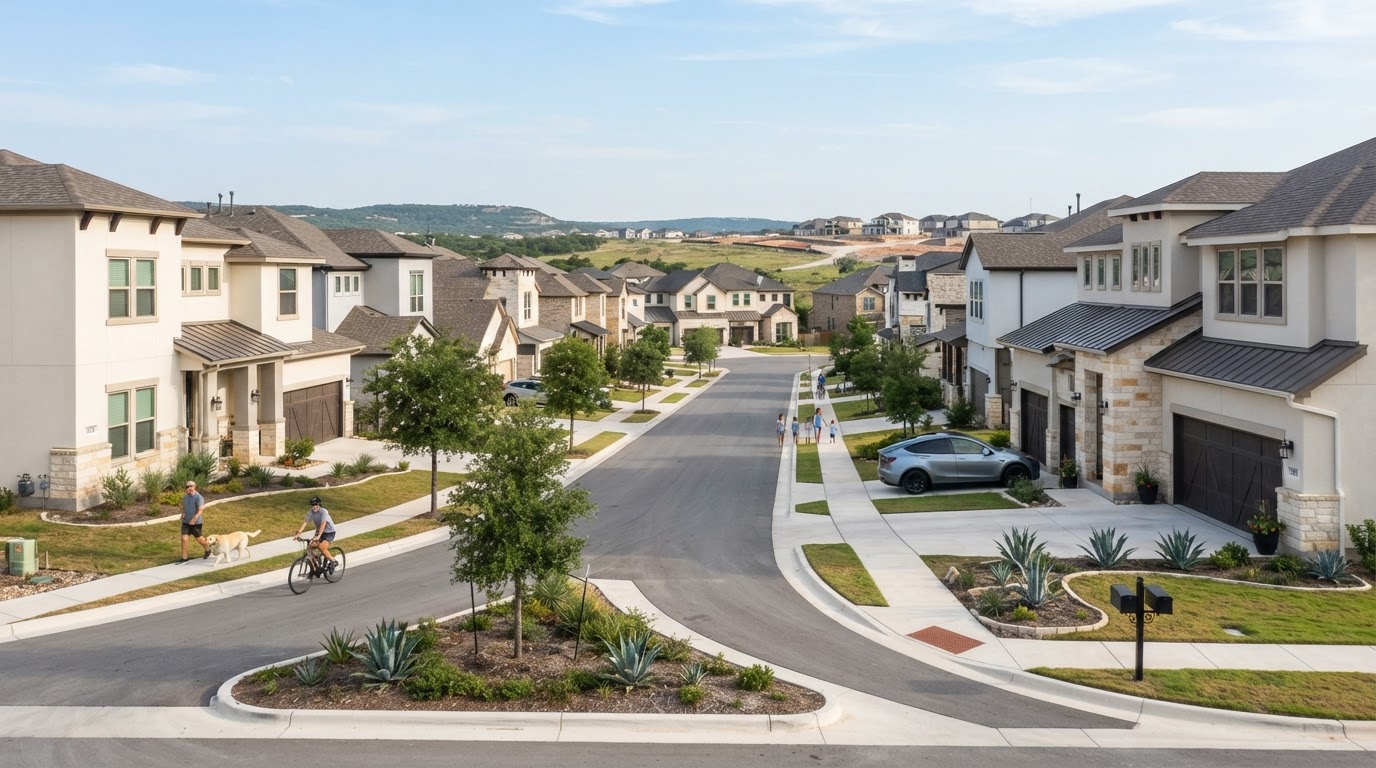 Freshly painted newer homes with stucco exteriors and garage doors in Converse San Antonio