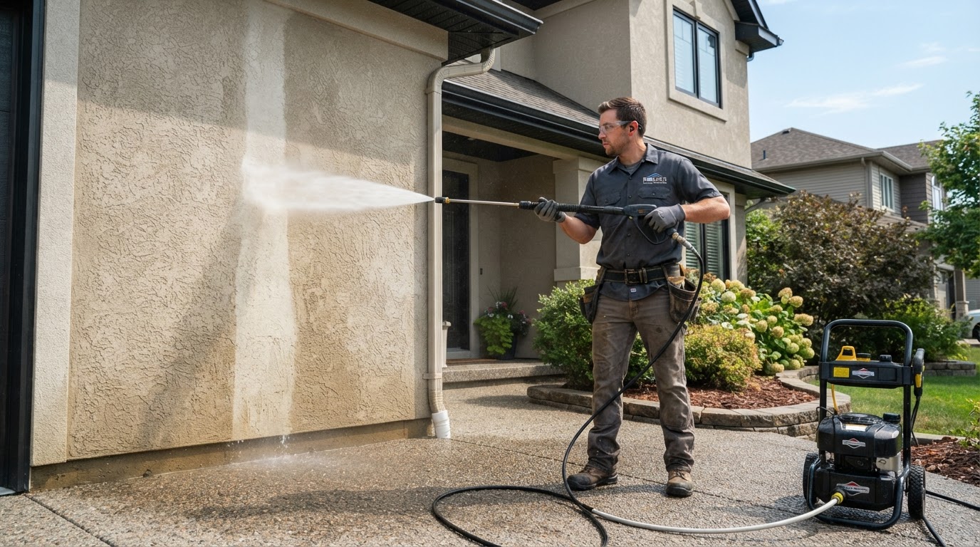 Exterior wall pressure washing before painting in San Antonio