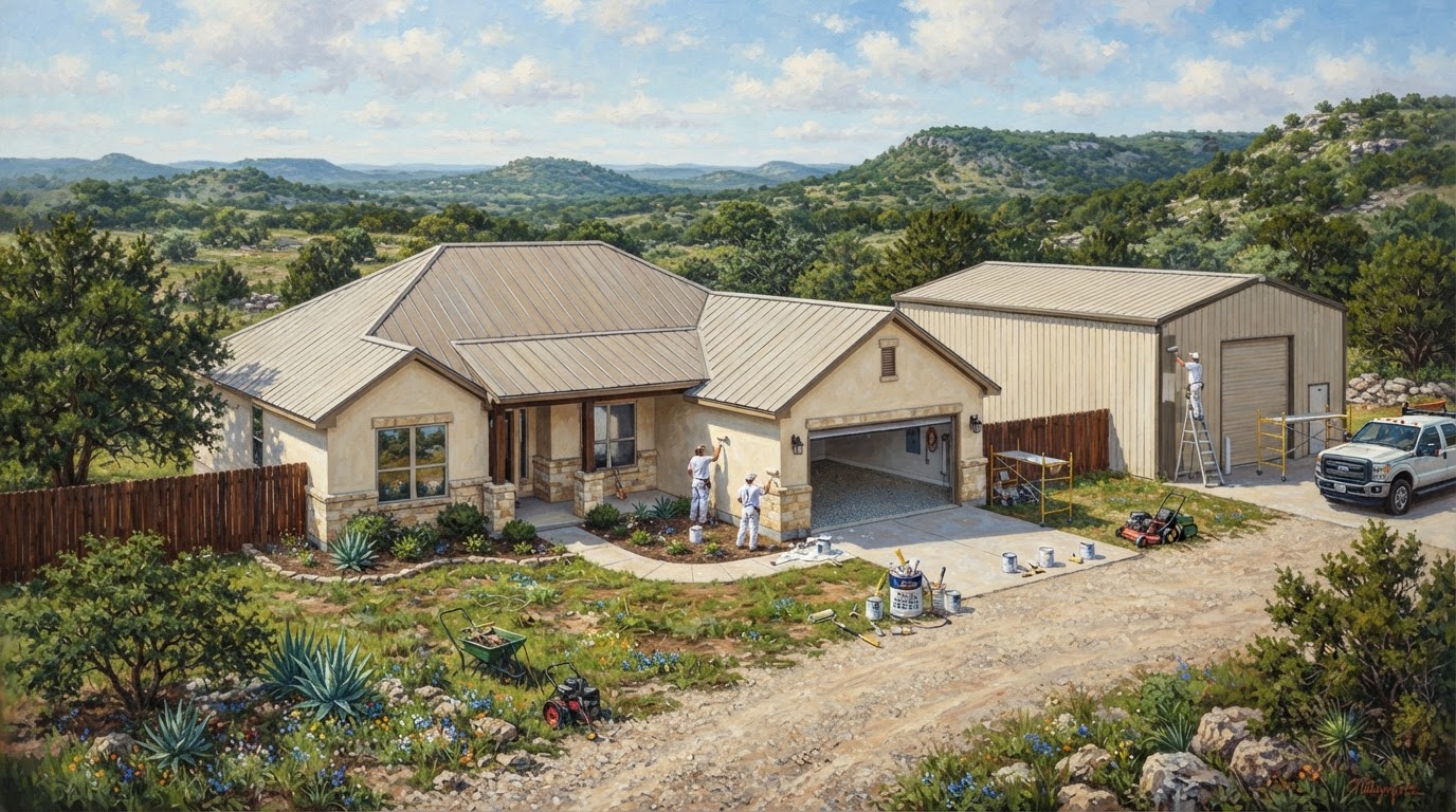 Hill Country Bulverde home with freshly painted stucco exterior, metal workshop, and coated garage floor